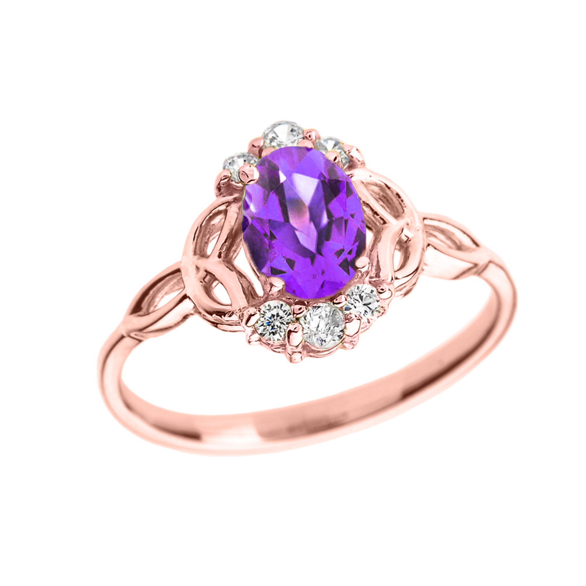 Rose Gold Genuine Amethyst and Diamond Trinity Knot Proposal Ring