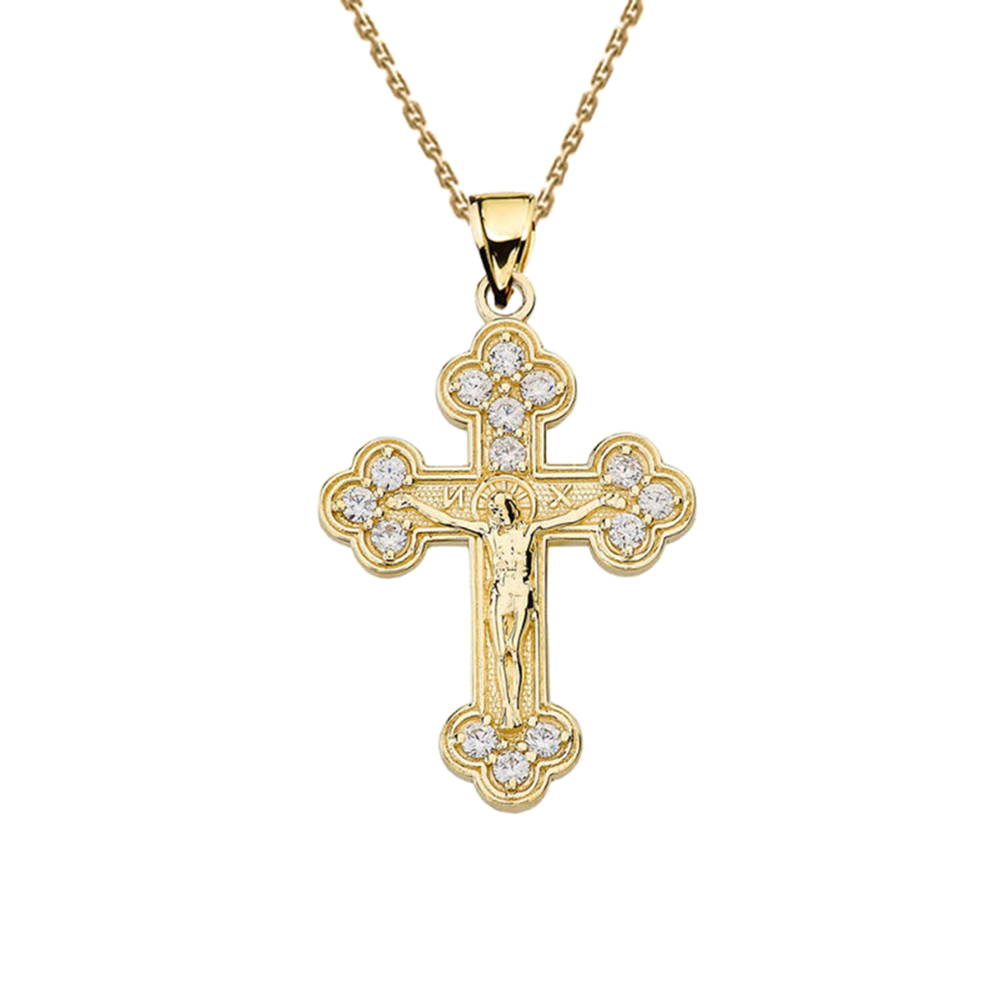 Yellow Gold Eastern Orthodox C.Z Crucifix Pendant Necklace