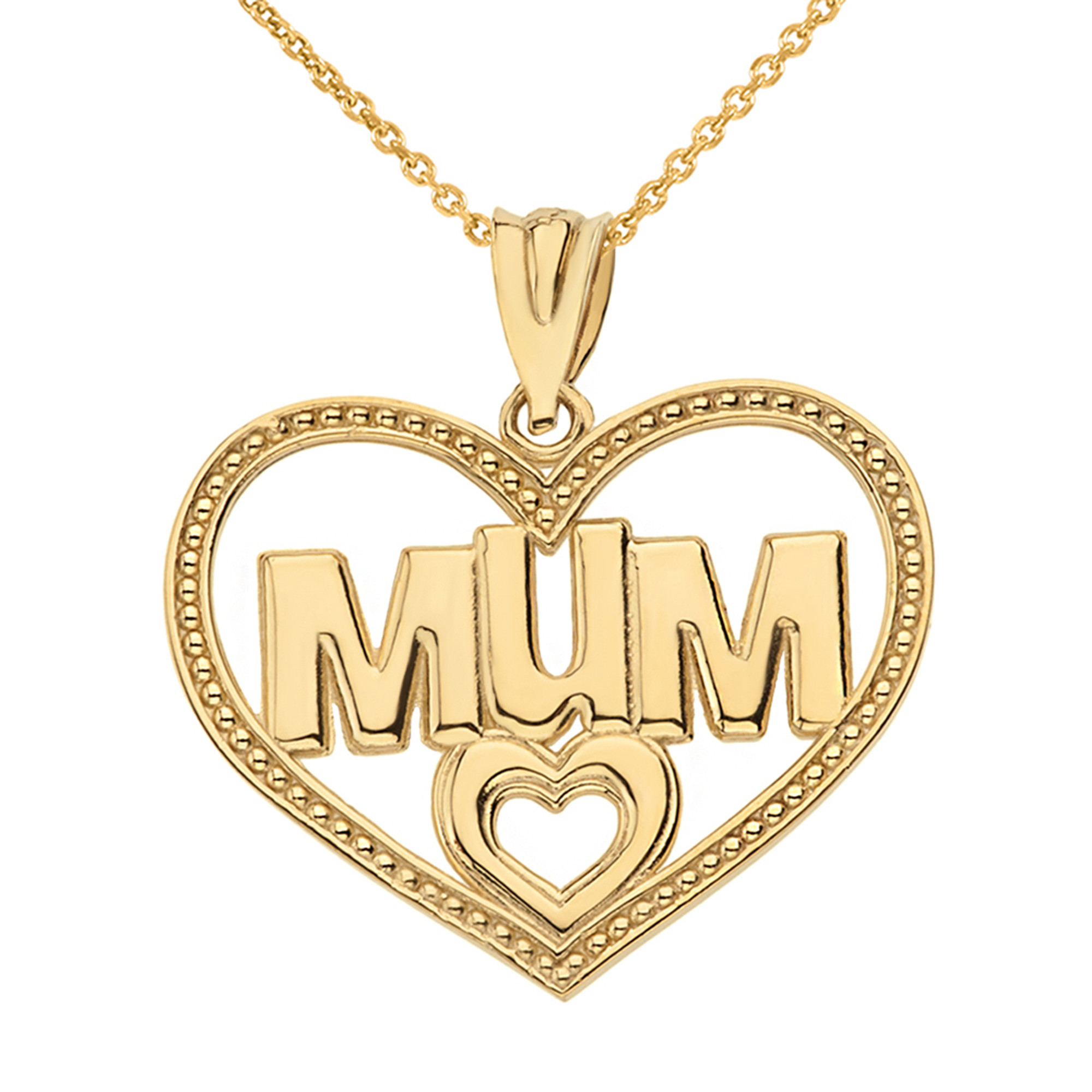 Solid Yellow Gold Dotted Texture Double Hearts Mum Pendant Necklace