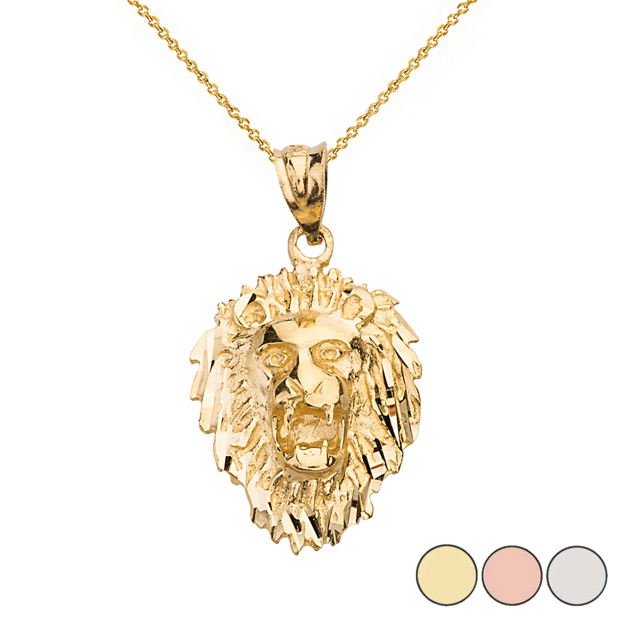 Diamond Cut Roaring Lion Head  Pendant Necklace in Solid Gold (Yellow/Rose/White)