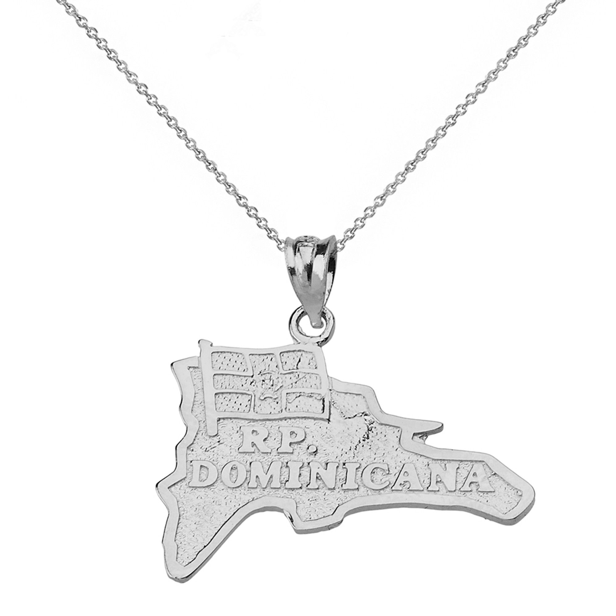 Solid White Gold R.P Dominicana  Map Pendant Necklace