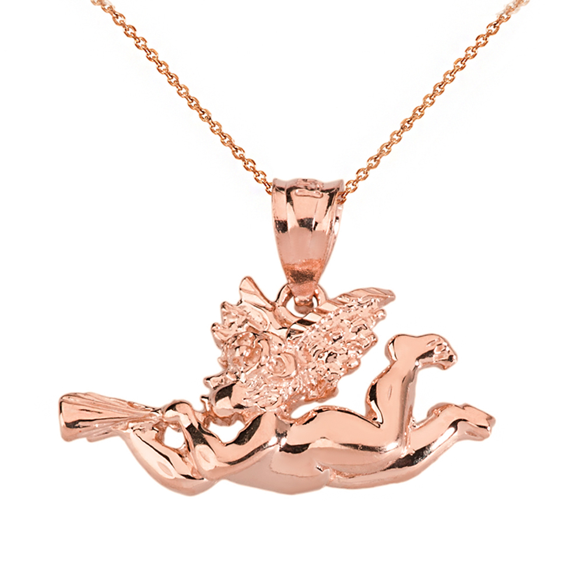Solid Rose Gold Cherub Angel Pendant Necklace