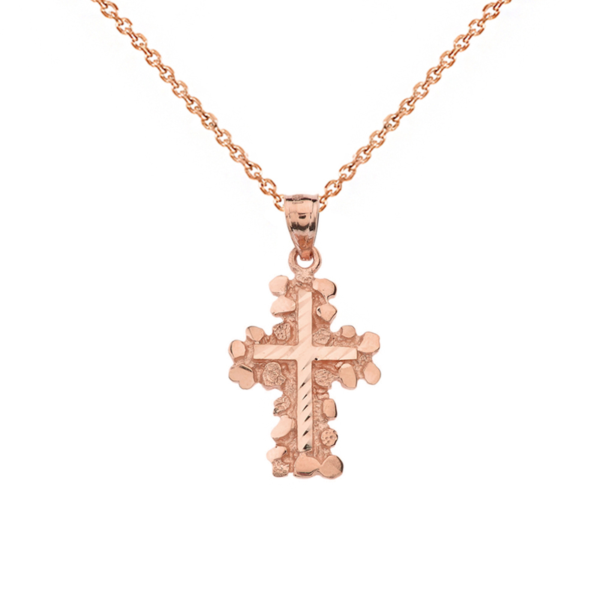 Solid Rose Gold Nugget Cross Pendant Necklace (Small)