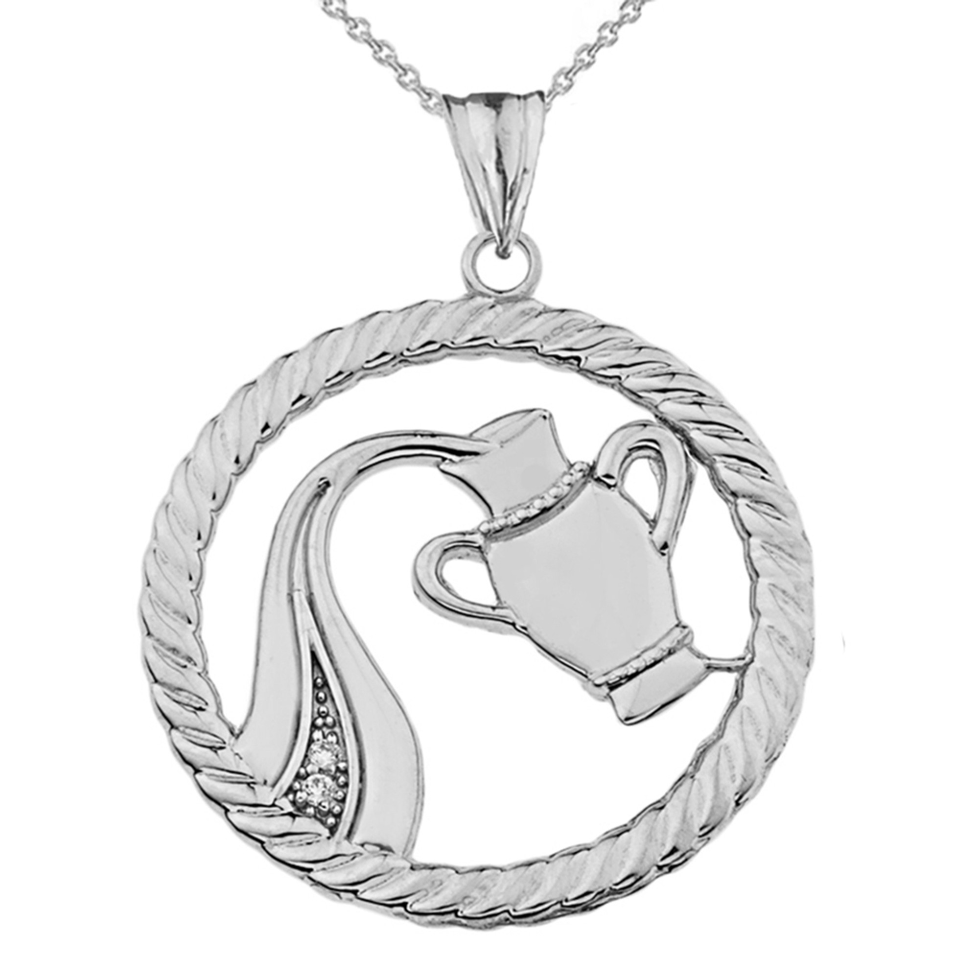 Diamond Aquarius Zodiac in Rope Pendant Necklace in Sterling Silver