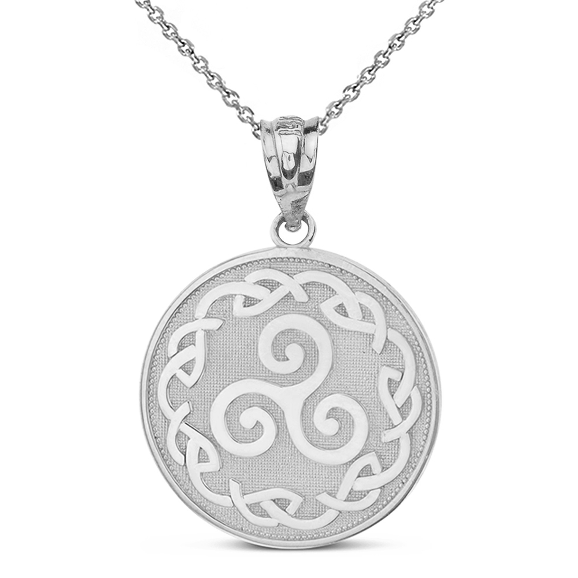 Sterling Silver Triskele Triple Spiral Celtic Disc Pendant Necklace