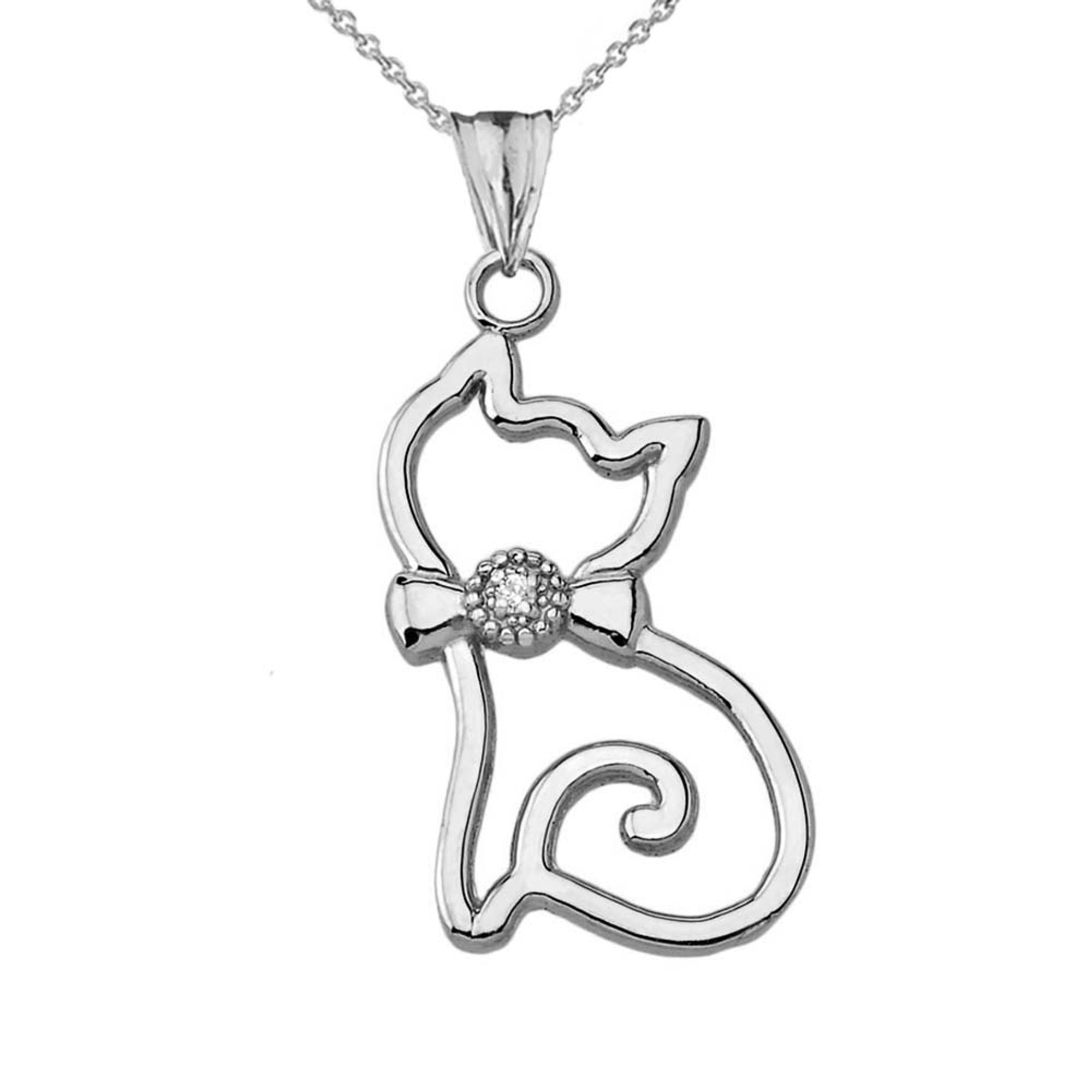Openwork Diamond Cat Pendant Necklace in Sterling Silver