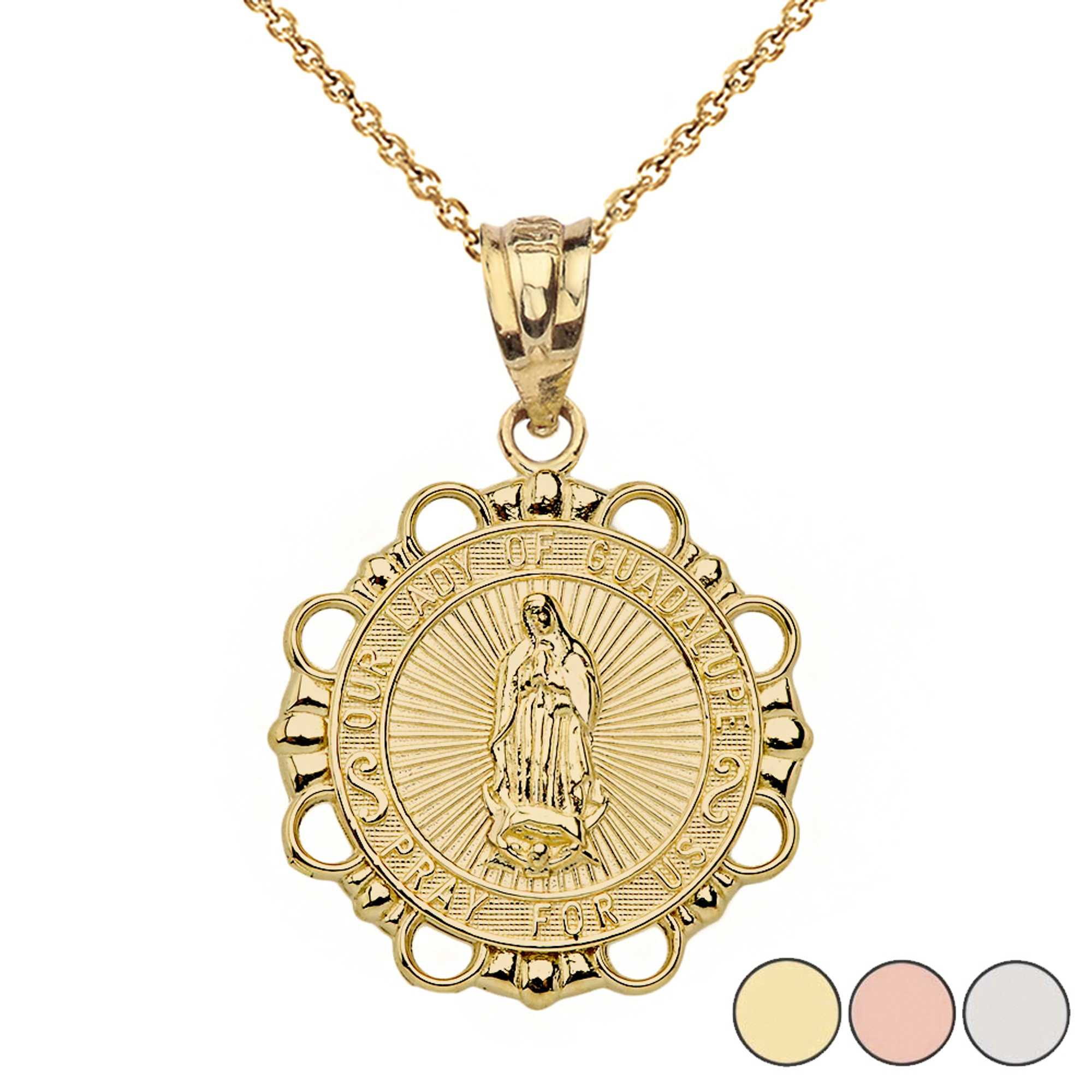 Our Lady Of Guadalupe Yellow Gold Diamond Cut Religious Oval Pendant  Necklace