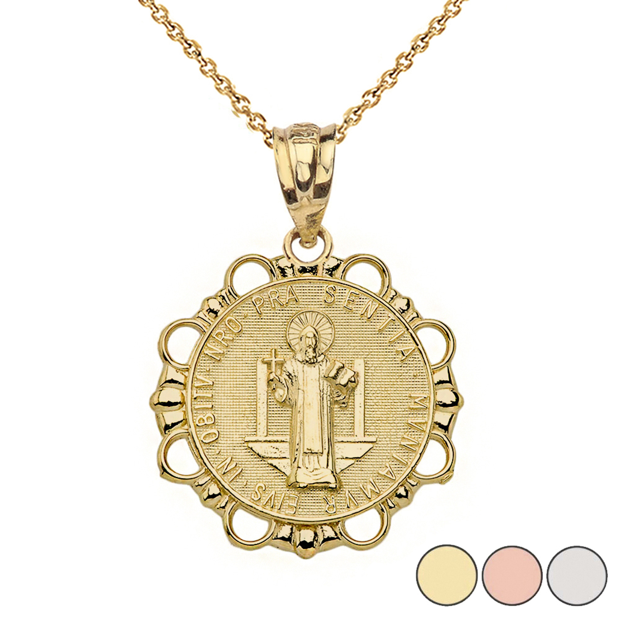 Round Saint Benito Pendant Necklace in Gold (Yellow/Rose/White)