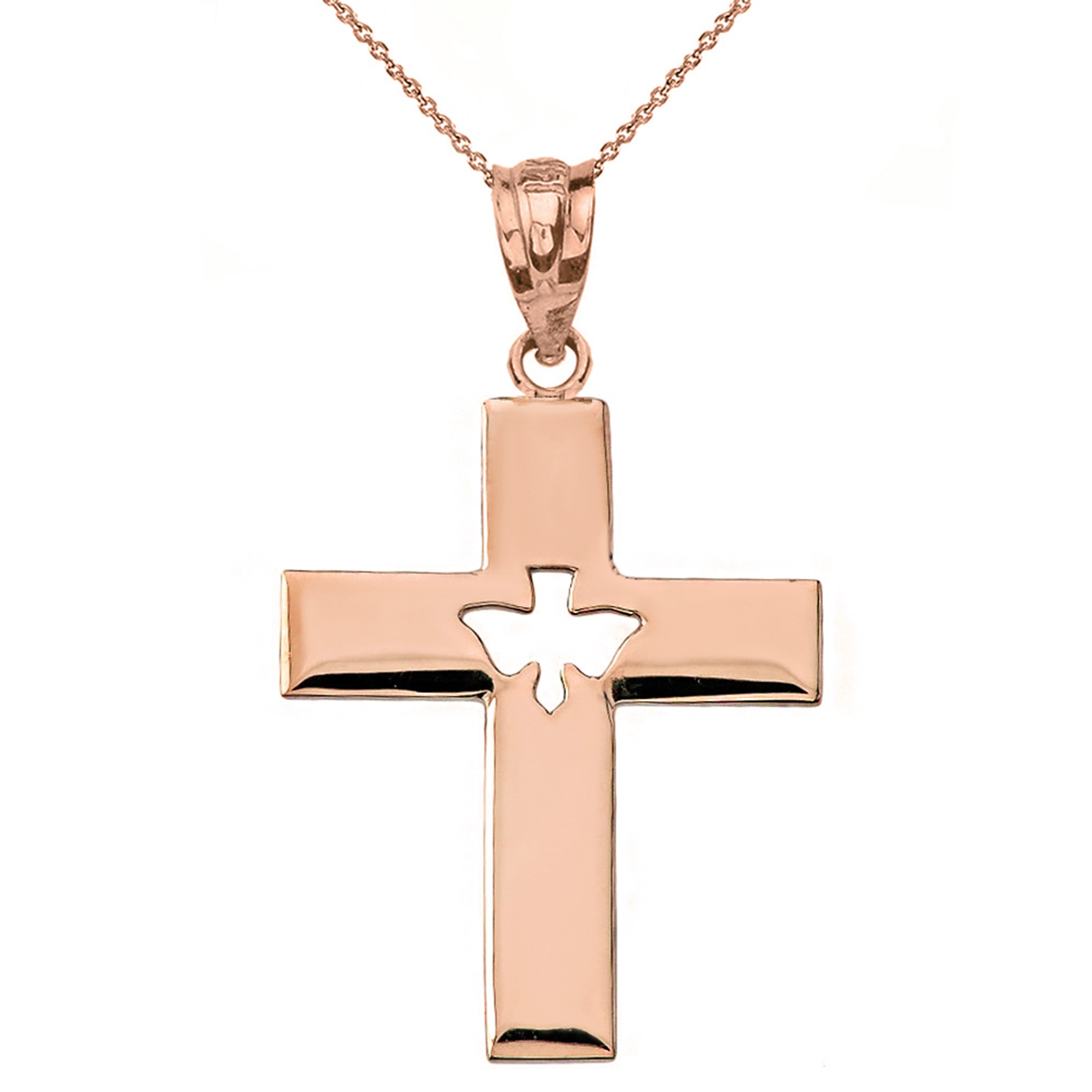 Solid Rose Gold Cross with Dove Holy Spirit Cut Out Pendant Necklace