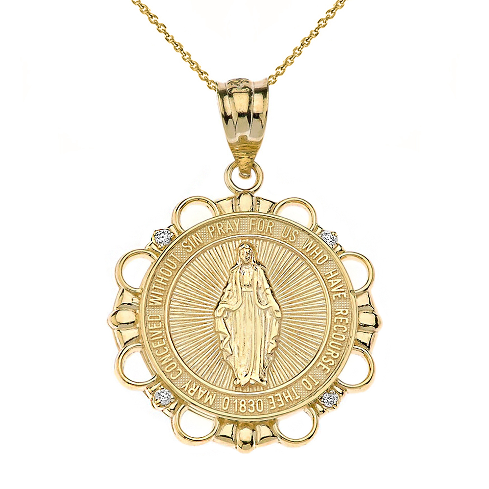 Solid Yellow Gold Diamond Mary Immaculate Miraculous Medal