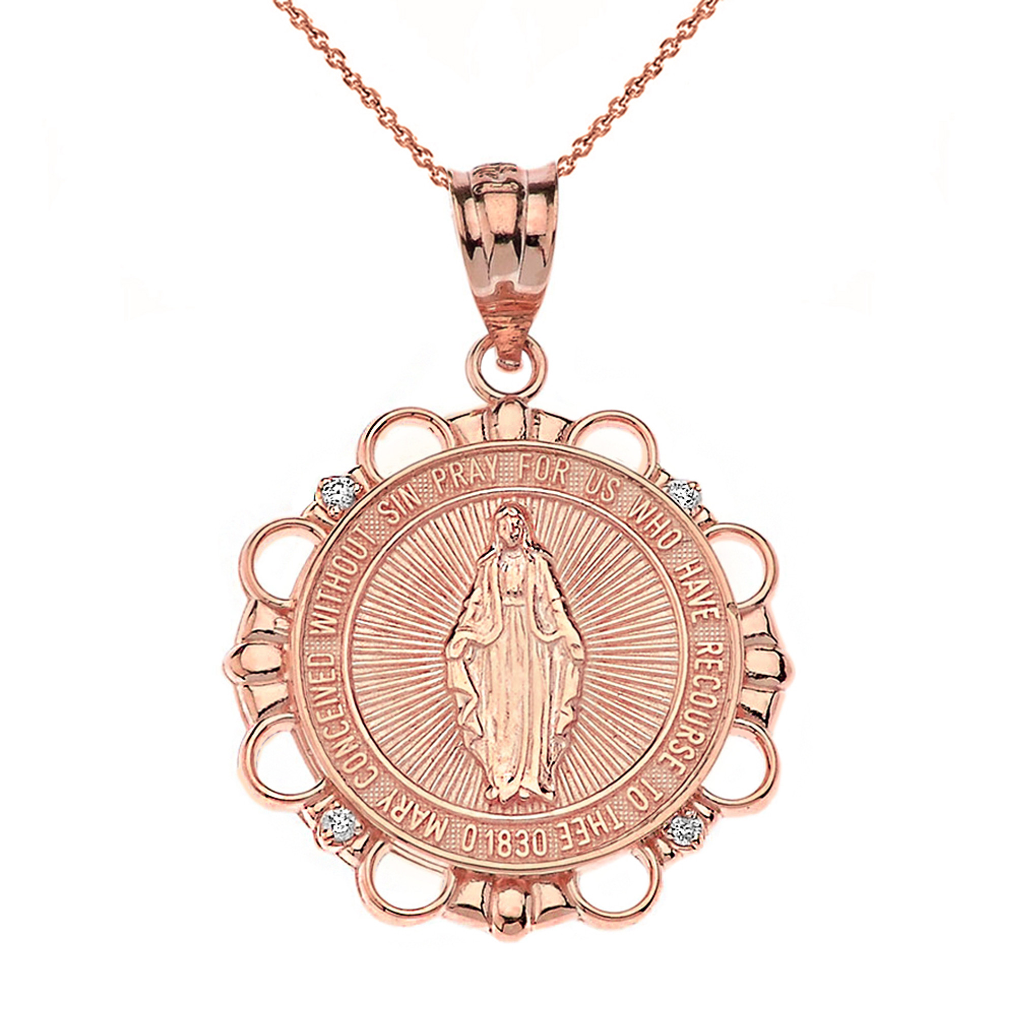 Solid Rose Gold Diamond Mary Immaculate Miraculous Medal Circle Pendant  Necklace