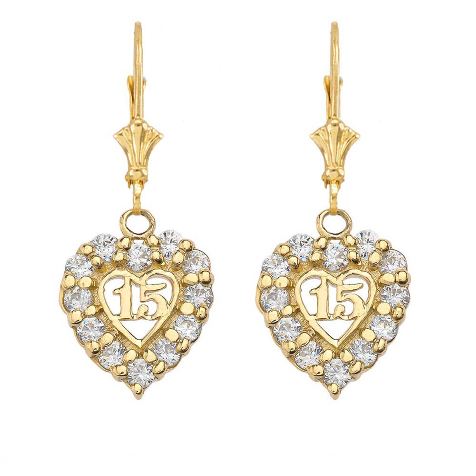 Real 14k Gold Earrings 15 Años/ Sweet 15 heart Quincenañera - Aretes oro 15  años