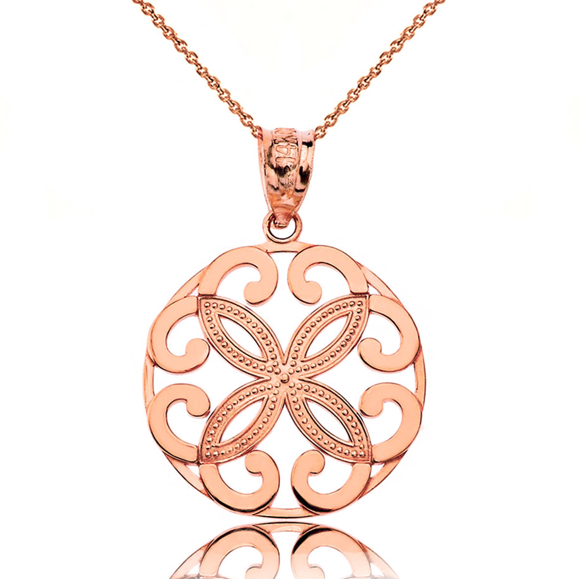 Solid Rose Gold Openwork Floral Design Four Petal Flower Round Pendant  Necklace