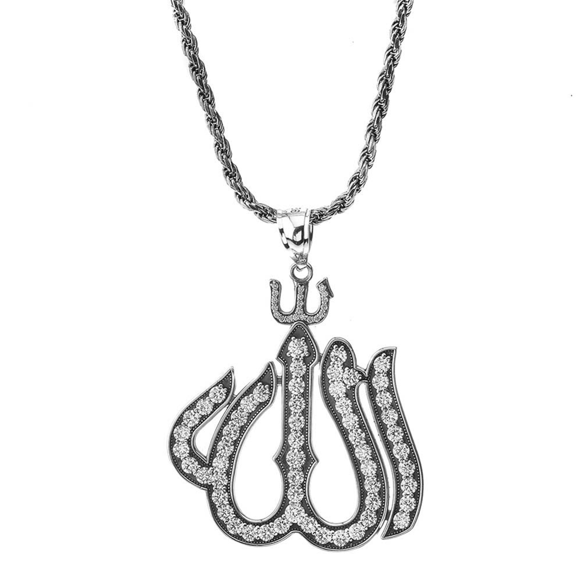 Bold Large Allah Pendant Necklace with Oxidized Rope Chain in Sterling  Silver