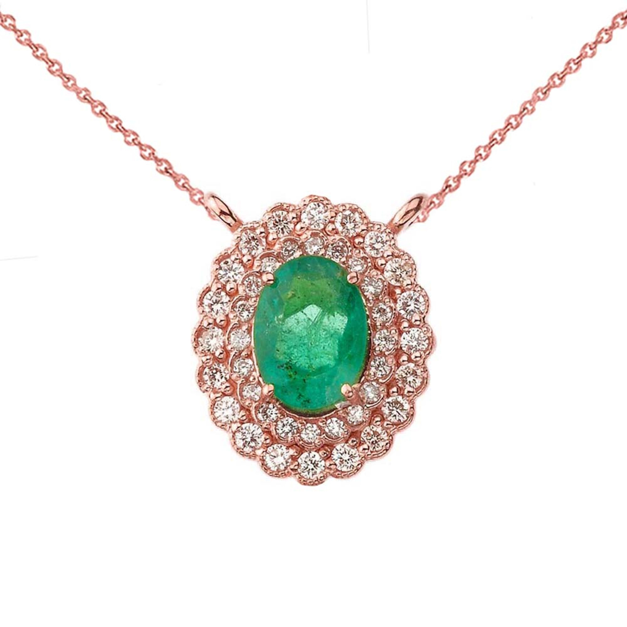 LP Solid 18K Rose Gold Pendant 0.82 Carats Natural Emerald & 0.028 Carats  Diamond Necklace Classic Style with Silver Chain