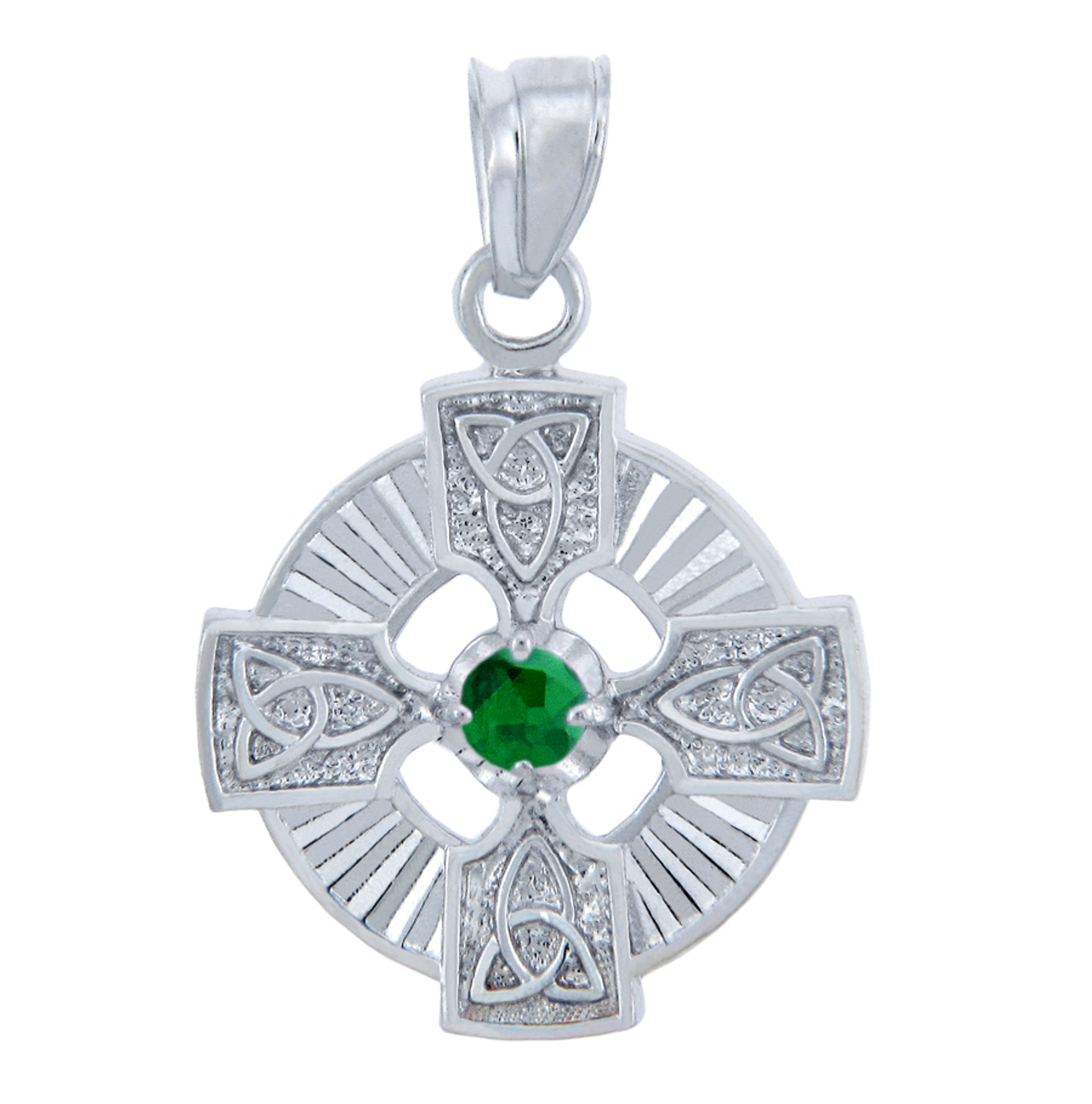 Silver Celtic Trinity Diamond Cross Pendant Necklace with Emerald Silver M | Factory Direct Jewelry