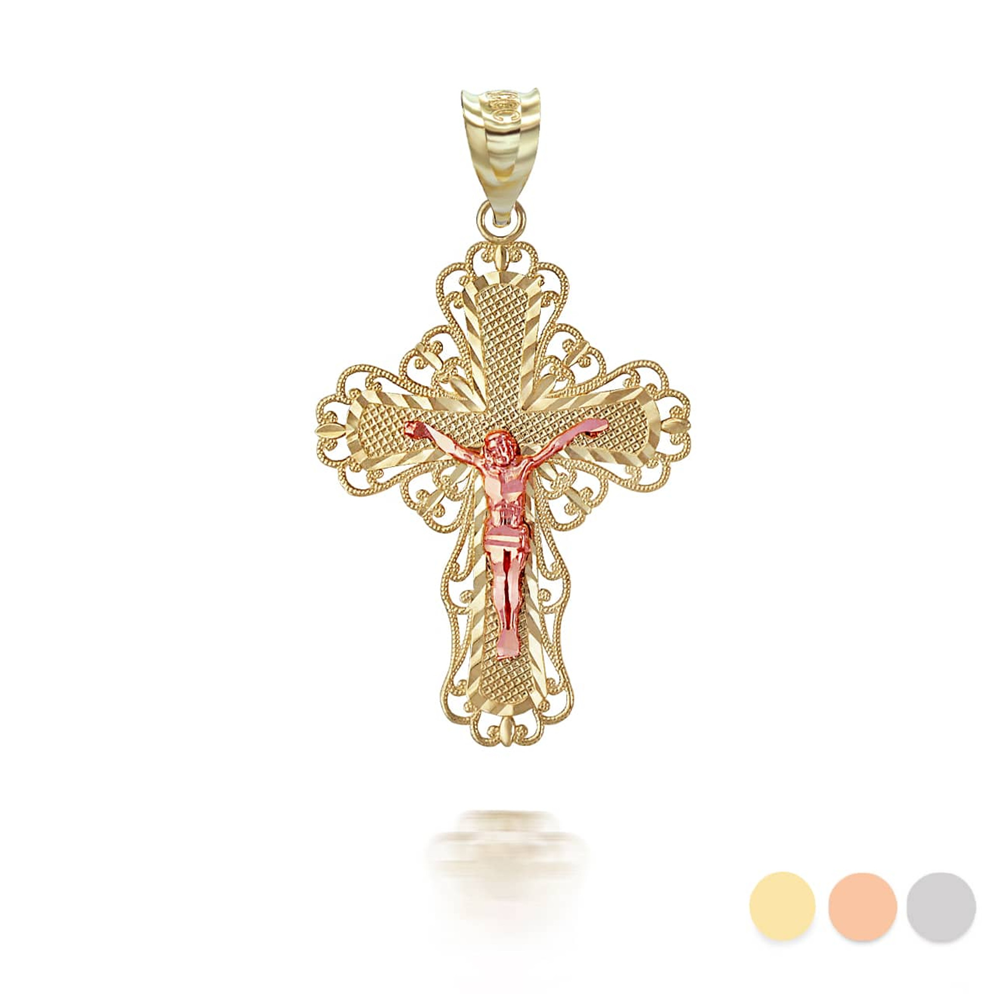 Two Tone Filigree Jesus Crucifix Cross Pendant Necklace