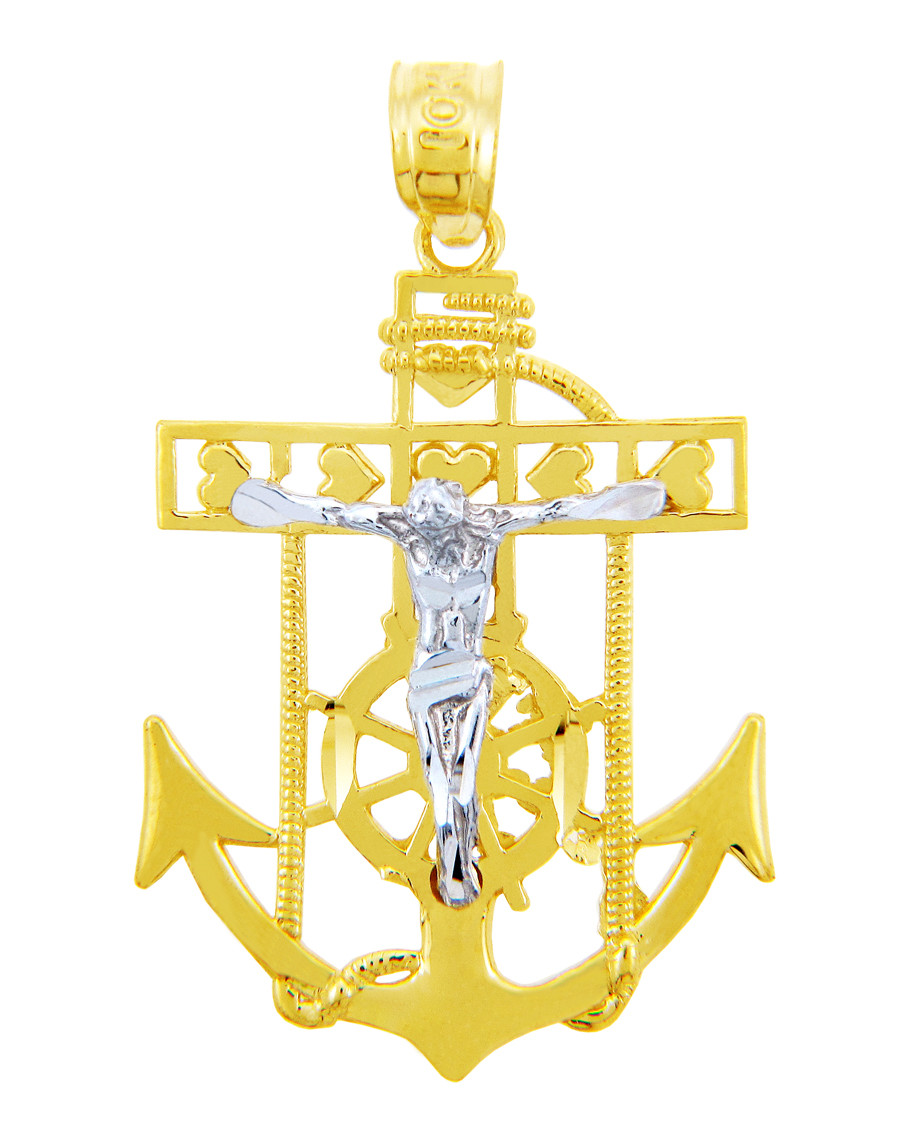 TwoTone Gold Mariners Anchor Cross Religious Crucifix Pendant