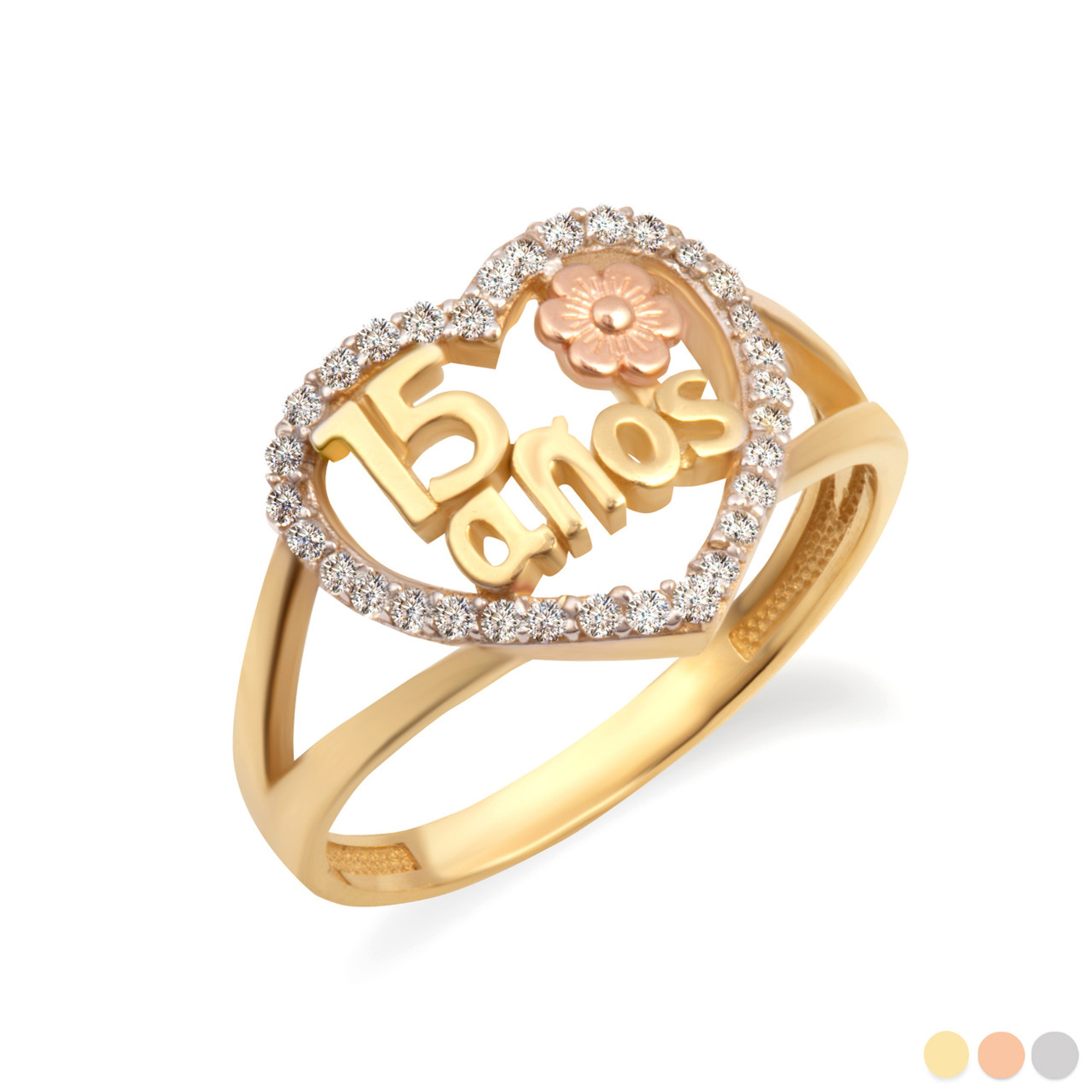 Two-Tone Gold 15 Anos Quinceanera Heart Rose CZ Flower Love Ring