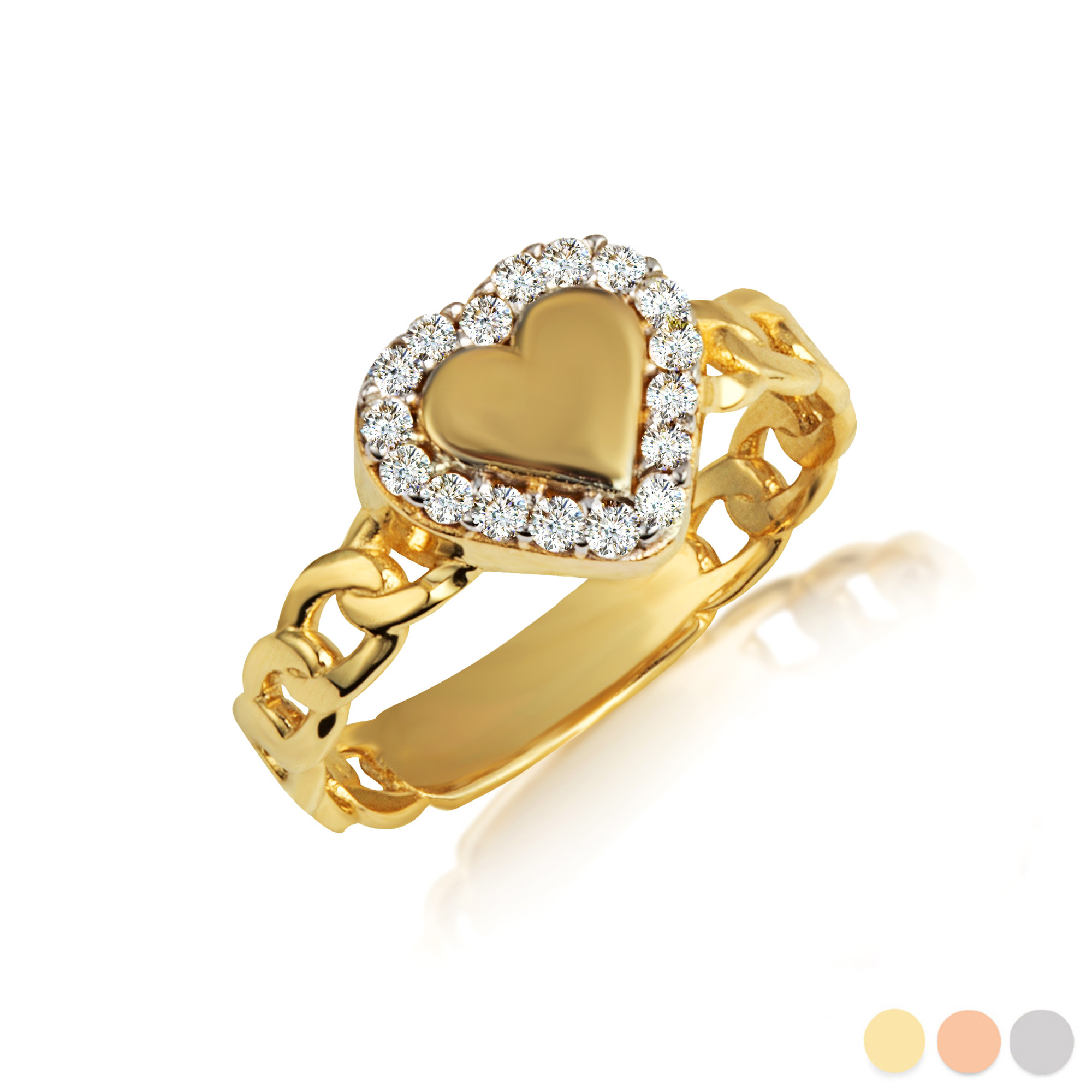 Gold Diamond Heart Cuban Chain Link Love Band Ring | Factory Direct Jewelry
