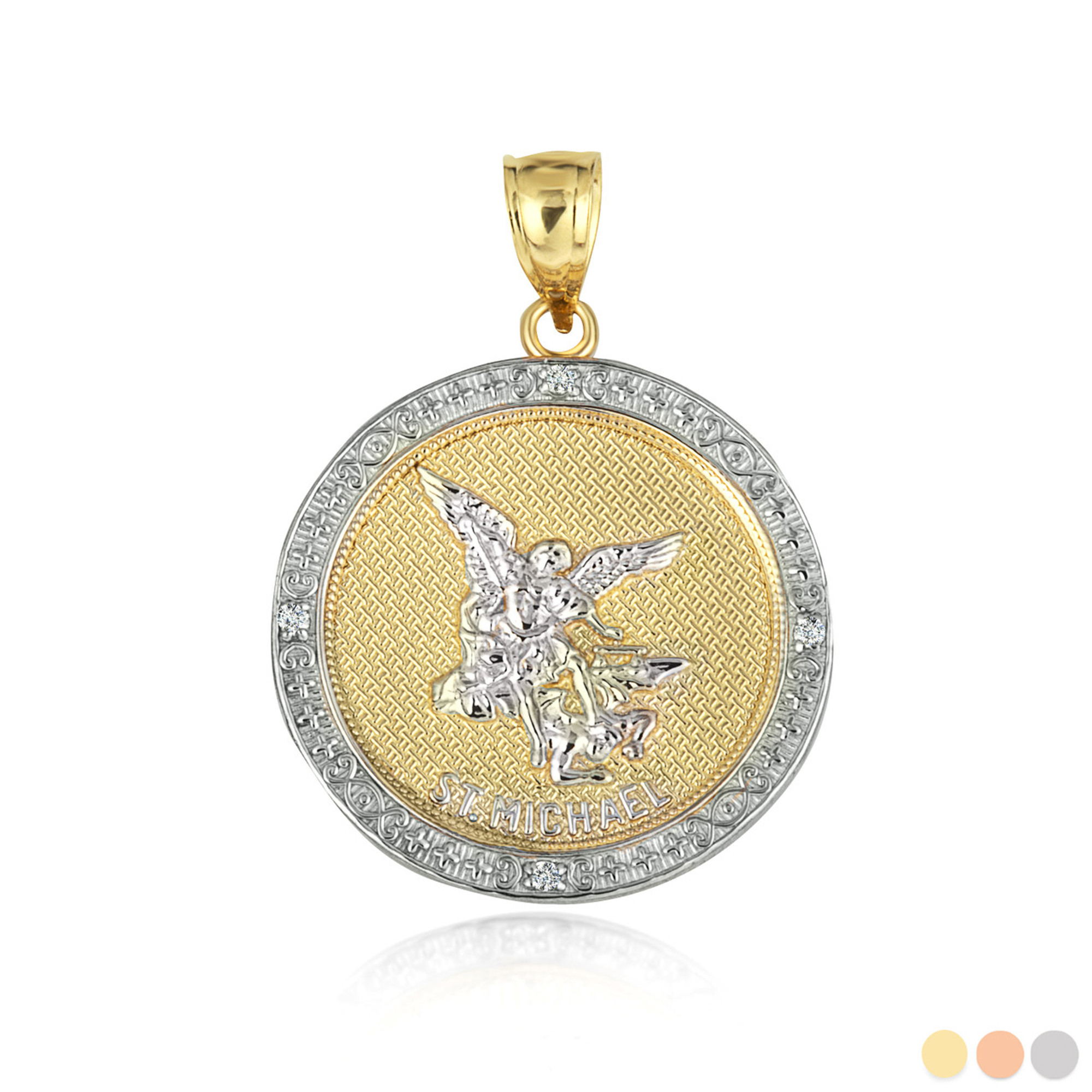 Two-Tone Gold Diamond Saint Michael Archangel Textured Coin Protection  Medallion Pendant Necklace (Available in Yellow/Rose/White Gold)