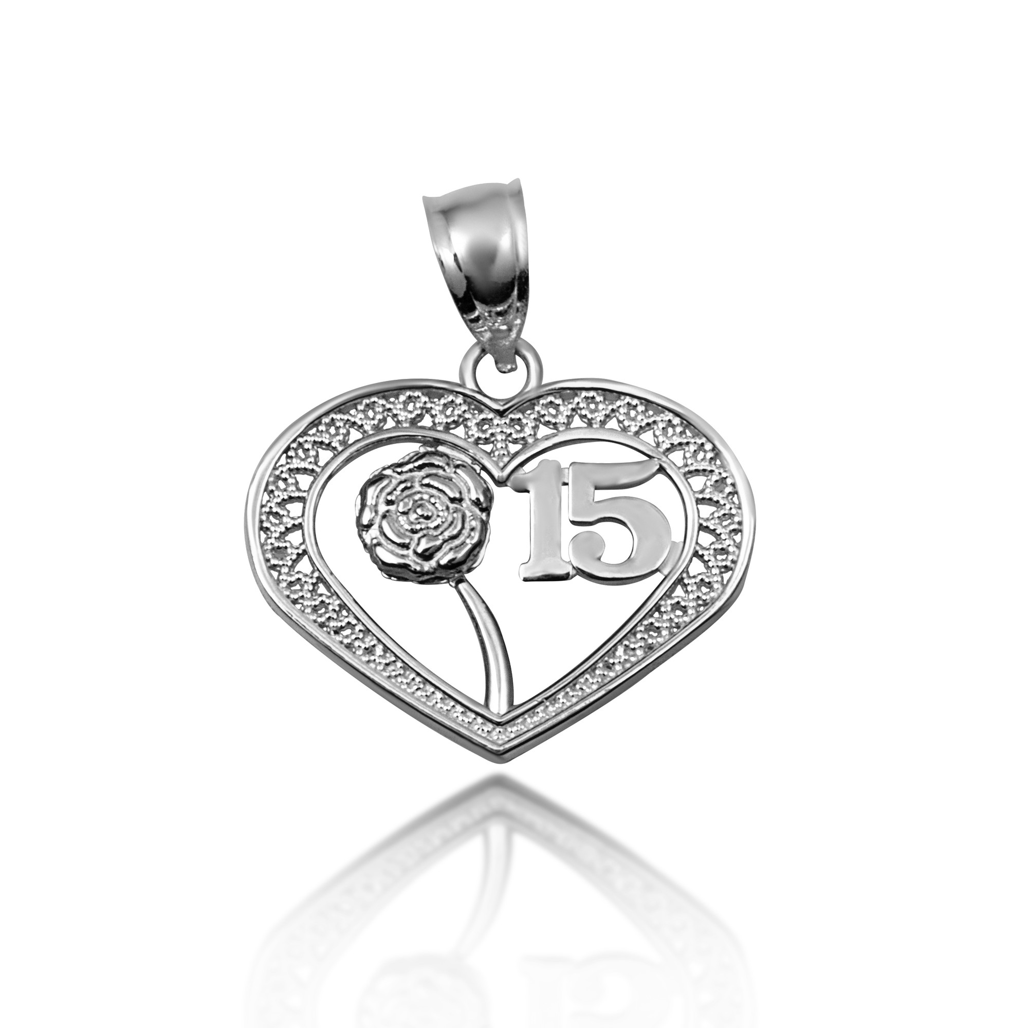 .925 Sterling Silver Quinceañera 15 Años Heart Filigree Rose Flower