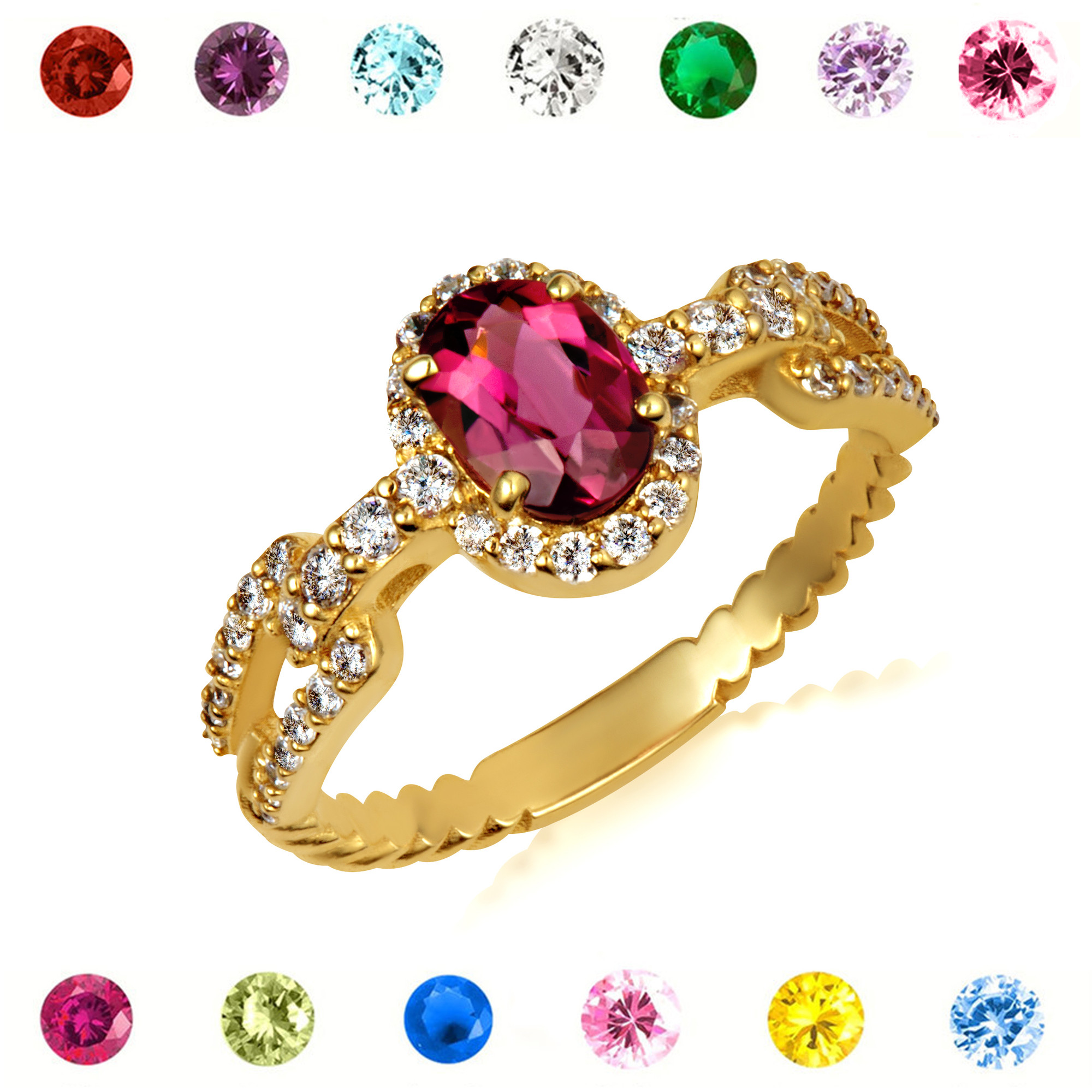 Round Zircon Stone Chain Design Ring 14k Gold Jewelry