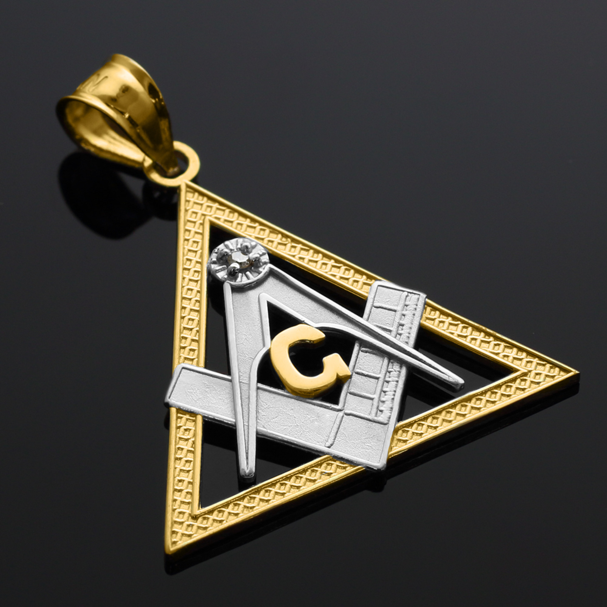 Two-Tone Gold Freemason Square & Compass CZ Eye Of Providence Triangle Pendant in black background