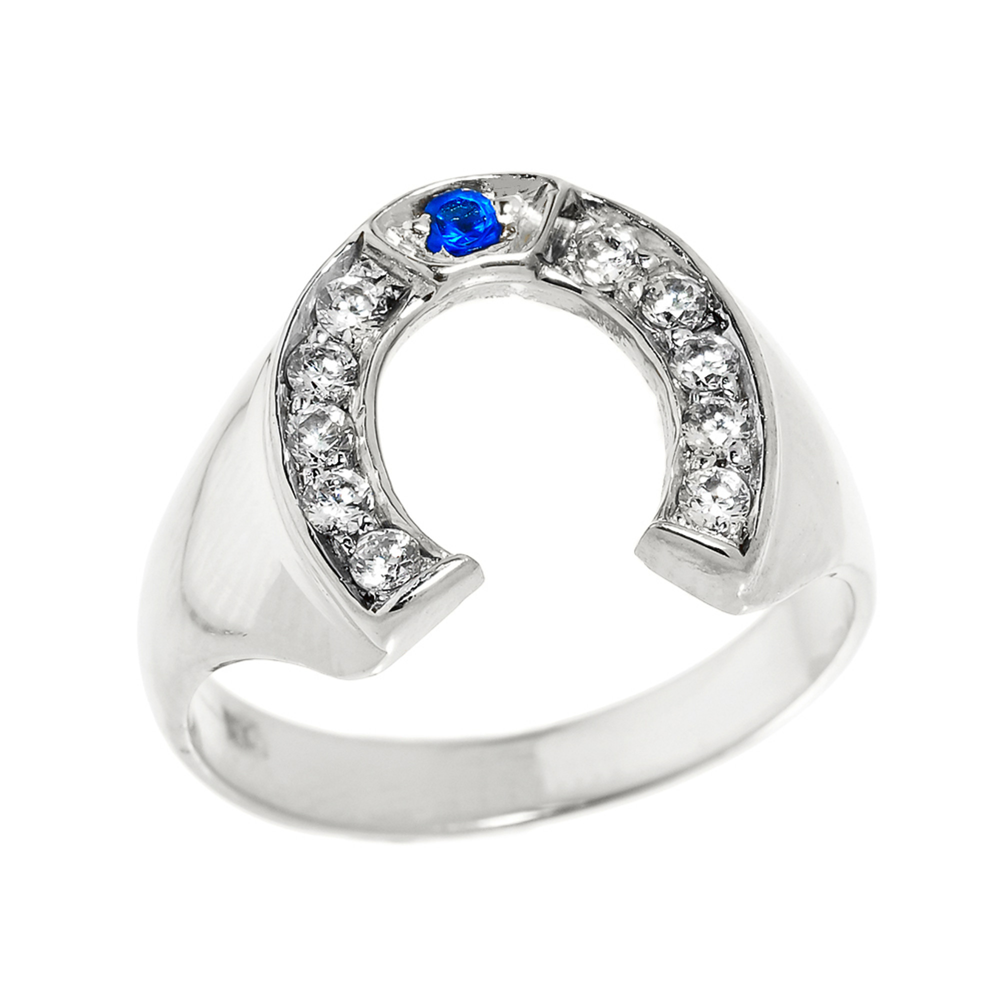 White Gold Diamond and Blue Sapphire Men's Horseshoe Ring