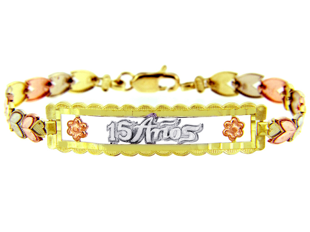 15Anos Quinceanera TriTone 14k Gold Diamond Bracelet