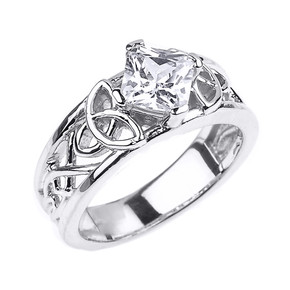 Sterling Silver Celtic Knot Princess Cut CZ Engagement Ring