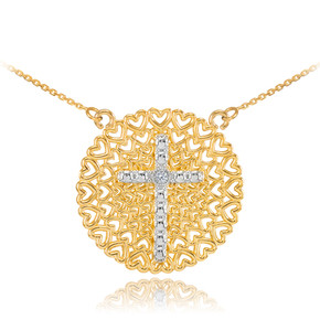 Two-Tone Gold Filigree Heart Cross Diamond Necklace