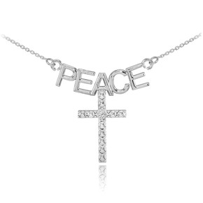 14K White Gold PEACE Cross Diamond Necklace