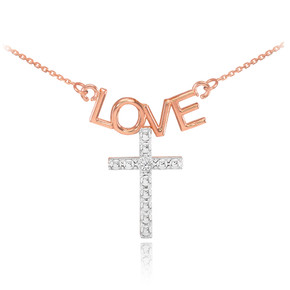 14K Two Tone Rose Gold LOVE Cross Diamond Necklace