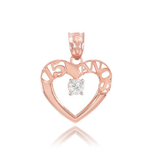 14K Rose Gold 15 Años Quinceanera Heart CZ Pendant Necklace