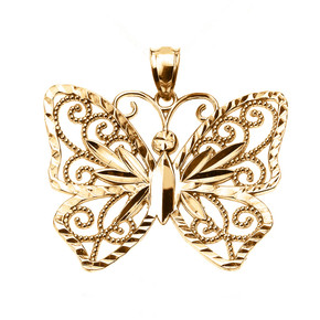 Yellow Gold Filigree Butterfly Pendant Necklace