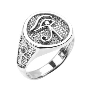 .925 Sterling Silver Egyptian Eye of Horus Wedjat Ankh Cross Men's Ring
