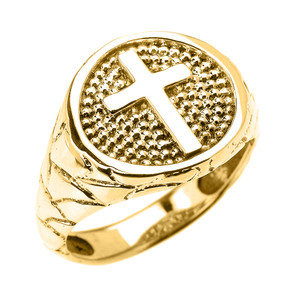 Gold Textured Band Christian Religious Cross Men's Ring