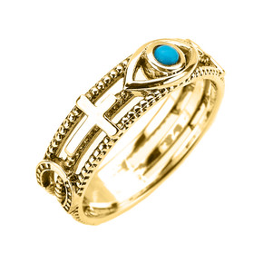 Yellow Gold Milgrain Sideways Cross Turquoise Evil Eye Good Luck Ring