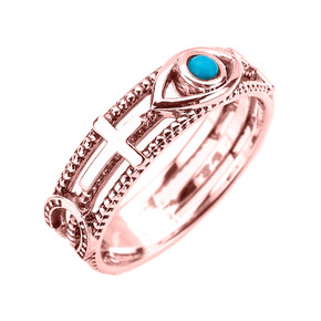 Rose Gold Milgrain Sideways Cross Turquoise Evil Eye Good Luck Ring