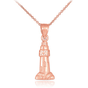 Polished Rose Gold Lighthouse Charm Pendant Necklace