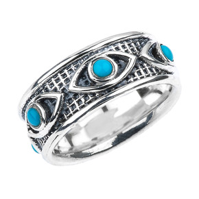 Sterling Silver Turquoise Evil Eye Comfort Fit Good Luck Band