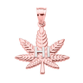 Rose Gold Marijuana Cannabis Leaf "HI" Script Pendant Necklace