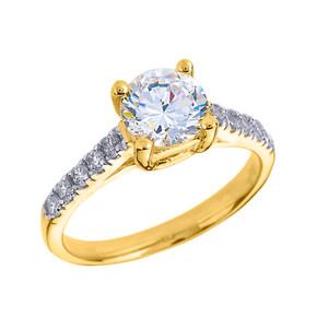 Yellow Gold Diamond and White Topaz Solitaire Engagement Ring