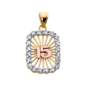 Tri-color Gold Sweet 15 AÃ±os Quinceanera CZ Pendant Necklace