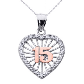 Two Tone Gold Sweet 15 AÃ±os Quinceanera CZ Heart Pendant Necklace