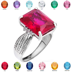 Sterling Silver Diamond and Lab Created Ruby Birthstone Engagement Ring