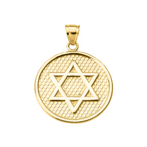 Yellow Gold Star of David Round Pendant Necklace