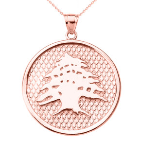 Rose Gold Lebanese Cedar Tree Round Pendant Necklace