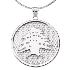 Sterling Silver Lebanese Cedar Tree Round Pendant Necklace